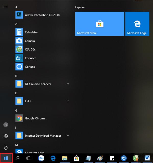 Mở thanh menu Start