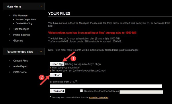 Nhấn vào Chọn tệp, rồi sau đó nhấn Upload