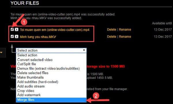 Ở phần Select Action, bạn chọn vào Merge Files