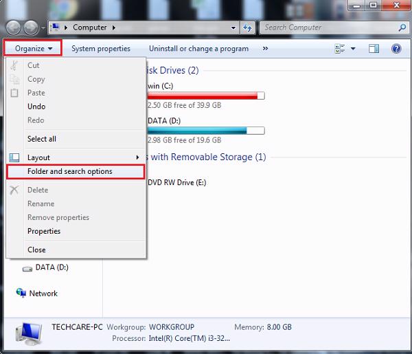 Computer -> nhấn vào mục Organize -> chọn vào Folder and search options