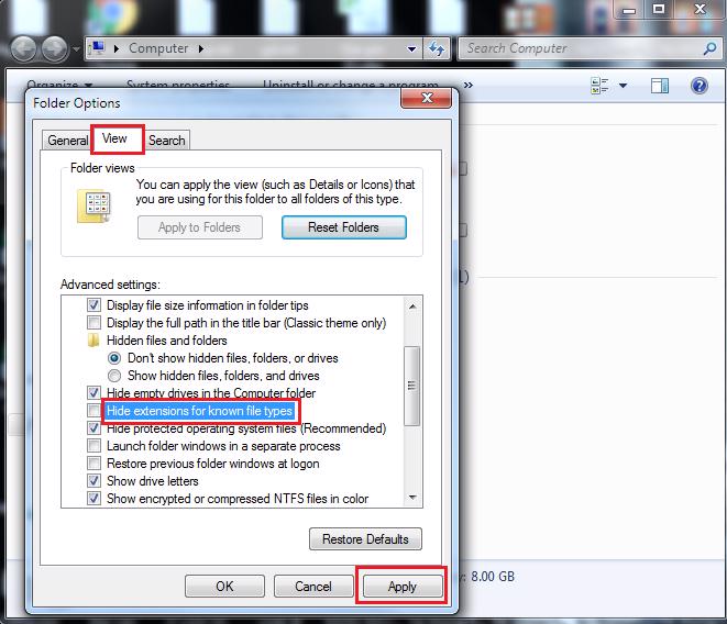 Chọn vào Tab View -> Hide extensions for known file type -> Apply -> OK