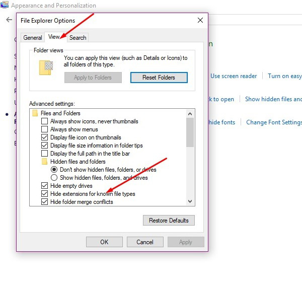 Mục View và tìm đến mục Hide extensions for known file types