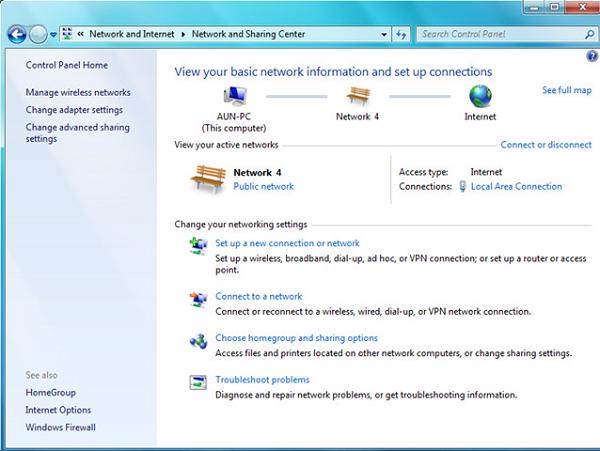Chọn vào mục Open Network and Sharing center.