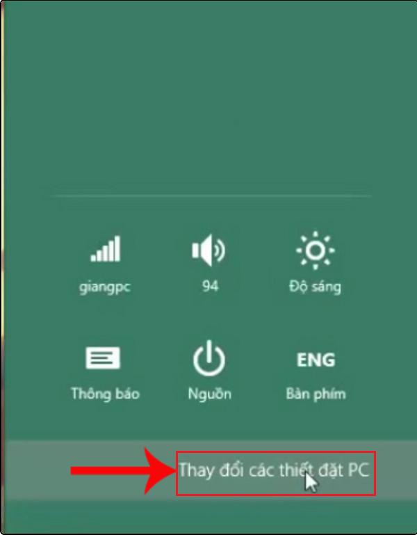 Nhấn vào mục Change PC settings (Thay đổi những thiết đặt cho PC)