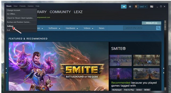 Nhấn vào Steam -> Settings