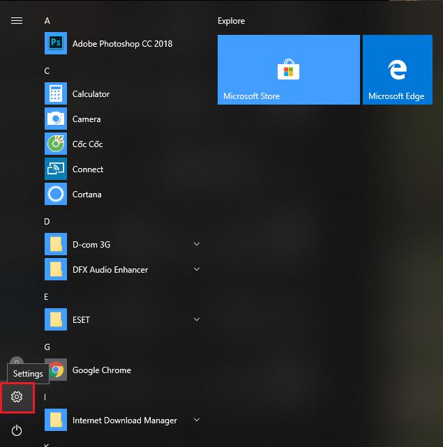 Nhấn mở Start menu, sau đó click vào Settings