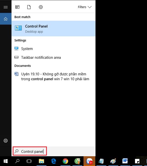 Gõ vào thanh tìm kiếm Control panel