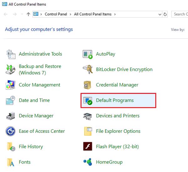 Chọn vào Default Programs