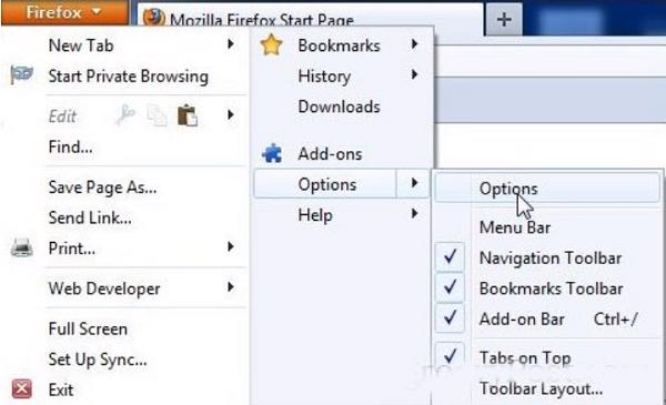 Nhấn vào nút Firefox màu da cam và chọn mục Options