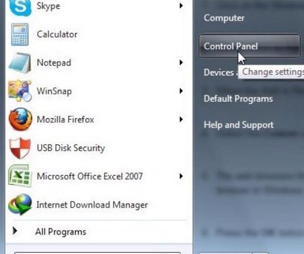 Kích vào mục Start và chọn Control Panel