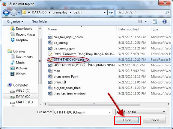 Lựa chọn đường dẫn đến file cần chuyển đổi -> tiếp đến chọn vào Open