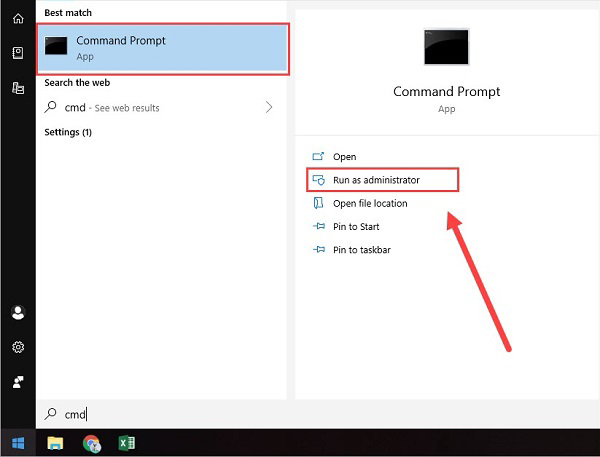 Nhập CMD vào trong Menu Start và chọn vào Run as administrator