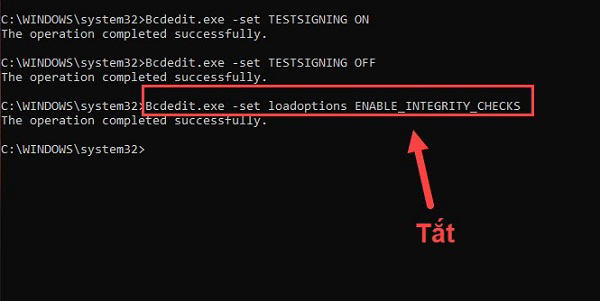 Nhập lệnh Bcdedit.exe -set loadoptions ENABLE_INTEGRITY_CHECKS