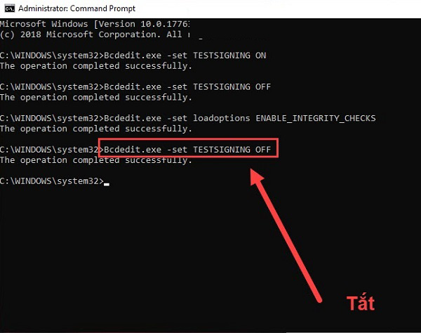Nhập lệnh Bcdedit.exe -set TESTSIGNING OFF