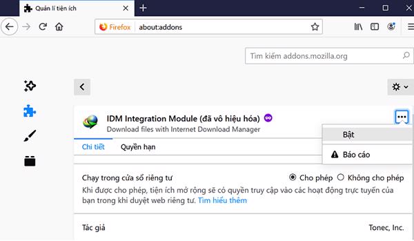 Truy cập vào mục Tiện ích mở rộng trên trình duyệt web Firefox