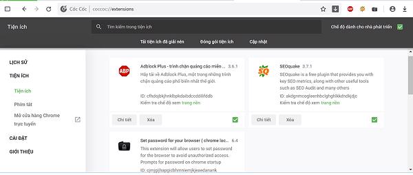 Bằng cách nhập vào coccoc://extensions/ trên thanh tìm kiếm của trình duyệt