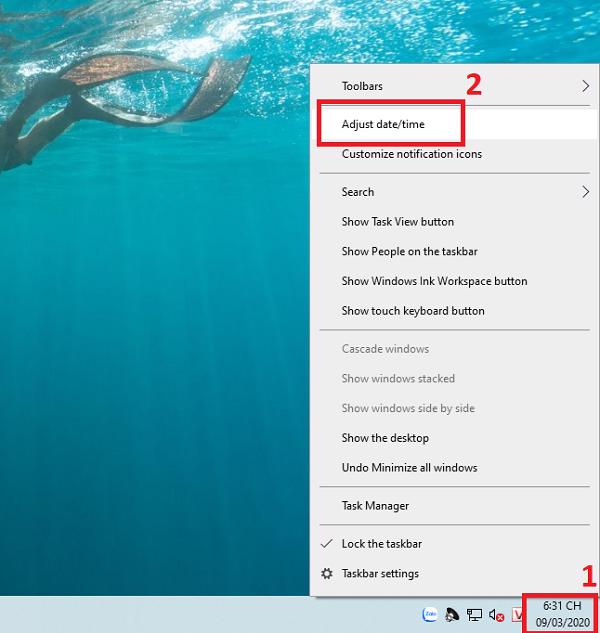 Nhấn chuột phải lên biểu tượng ngày giờ trên thanh Taskbar, rồi sau đó chọn vào Adjust date/time