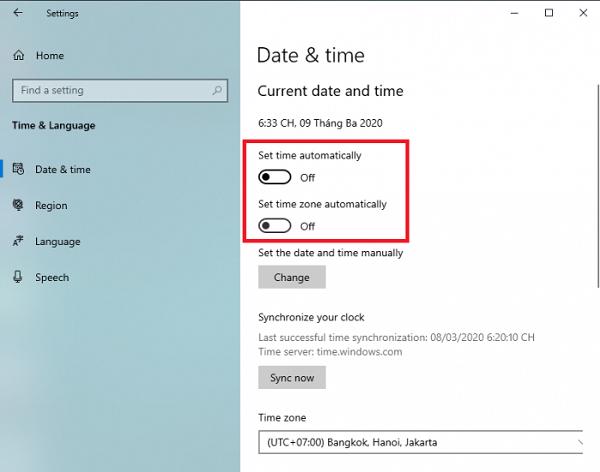 Hãy tắt tính năng Set time automatically và Set time zone automatically
