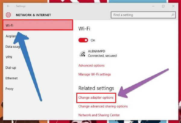 Tìm liên kết Change adapter options và nhấn vào nó