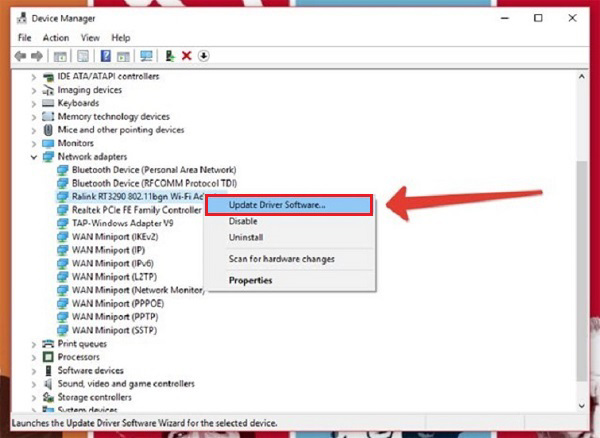 Nhấn chuột phải vào adapter không dây và nhấn vào Update driver software