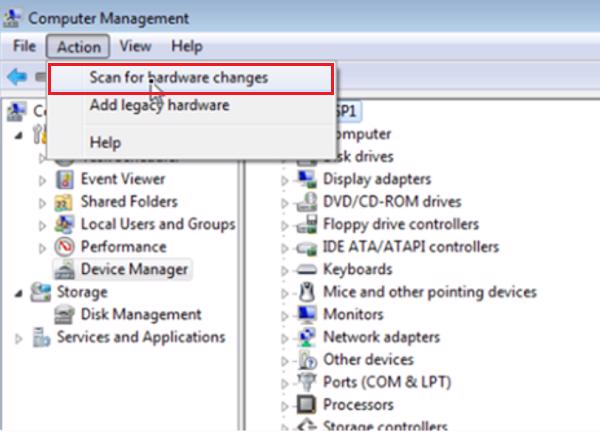 Chọn Scan for hardware changes