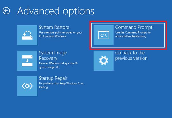 Nhấp vào Troubleshoot và sau đó chọn Command Prompt