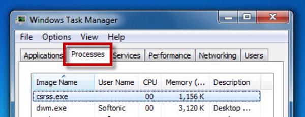 Nhấp chuột vào tab Processes