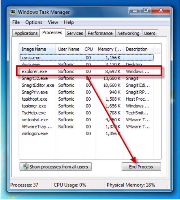 Tìm quá trình explorer.exe và nhấn vào End Process