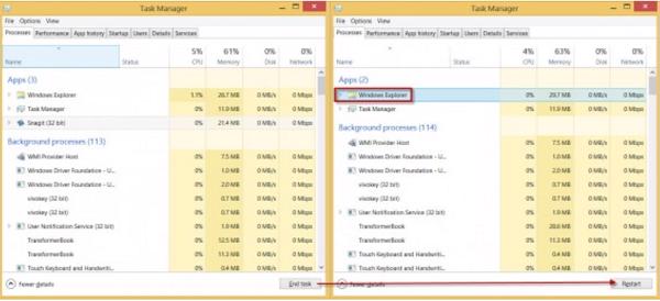 Nhận thấy rằng những nút Restart nằm ở ngay góc dưới bên phải thay cho nút End Task