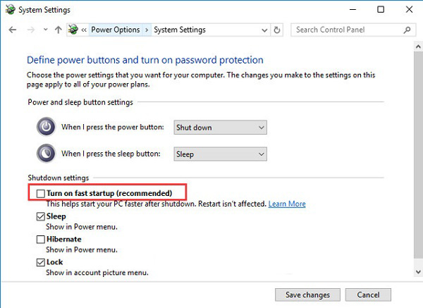 Thấy tùy chọn Turn on fast startup đã được chọn, thì các bạn hãy bỏ chọn nó