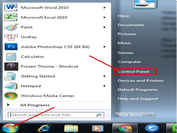 Thanh menu Start -> Control Panel
