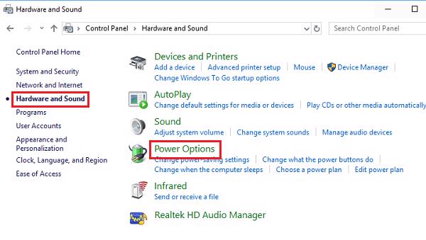 Nhấn vào mục Power Options
