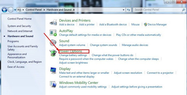 Hardware and Sound -> Power Options