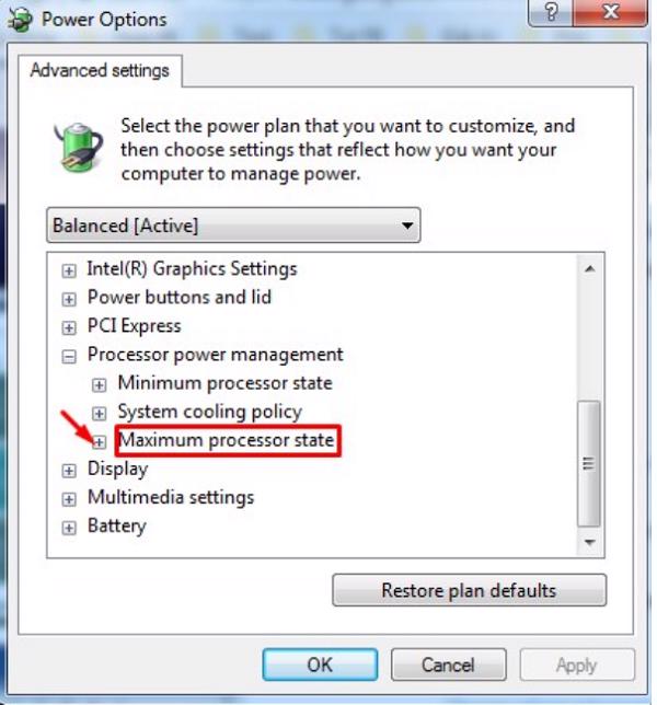 Chọn vào mục maximum Processor state