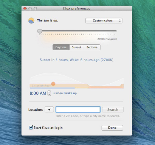 F.lux xác định được múi giờ mặt trời mọc và lặn