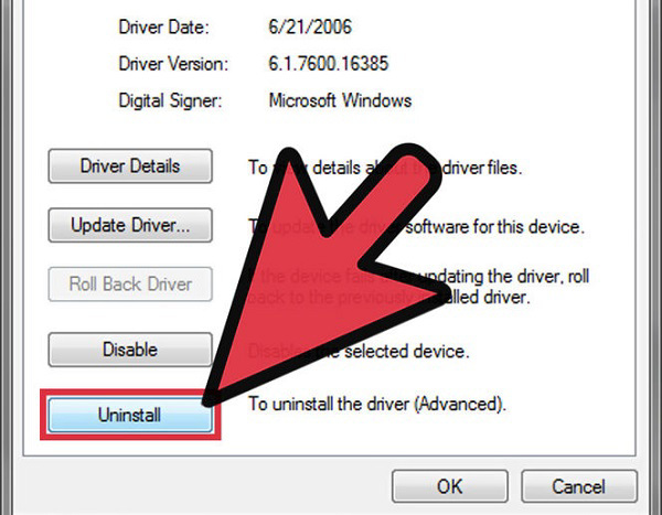 Click chọn vào nút Uninstall để gỡ driver