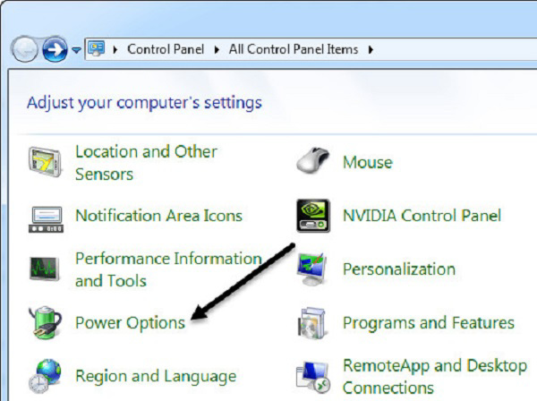 chọn vào mục Power Options