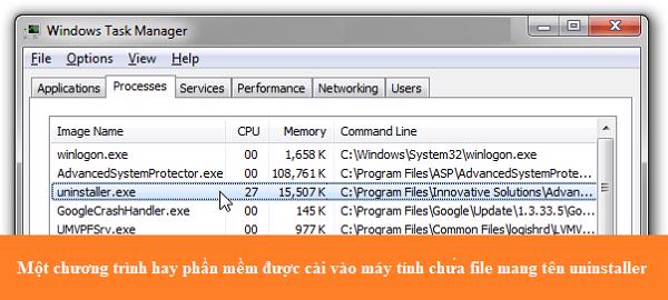 Một chương trình hay phần mềm được cài vào máy tính chứa file mang tên uninstaller