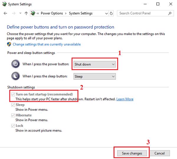 Tại phần When I press the power các bạn hãy chọn vào Shutdown