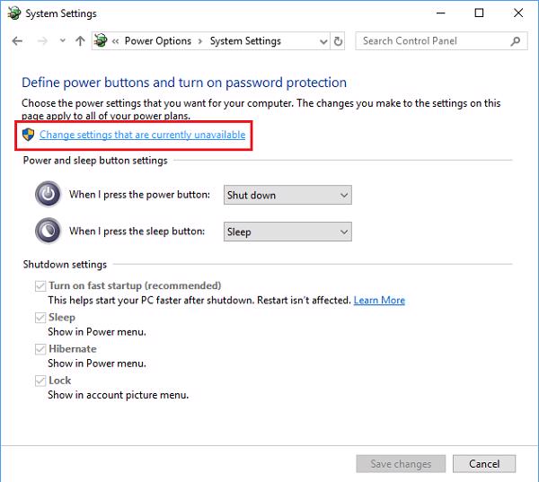 Tùy chọn với tên là Change settings that are currently unavailable