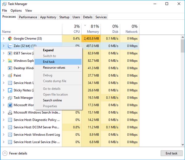 Với các phần mềm ở những thư mục lạ các bạn có thể chọn vào End Task