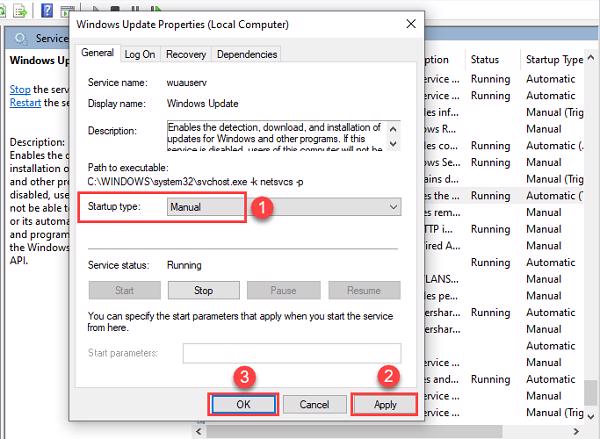 hãy thiết lập lại mục Startup Type thành Manual và lần lượt nhấn vào Apply -> OK để hoàn tất thiết lập