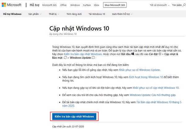 Truy cập vào trang chủ và nhấn vào Kiểm tra bản cập nhật cho Windows