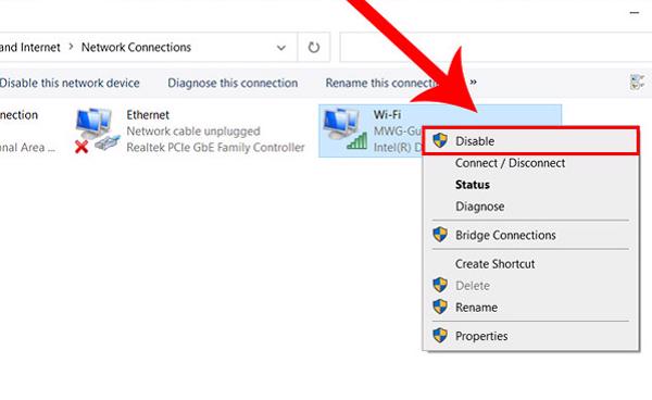 Nhấn chuột phải vào wifi và chọn Disable để chuyển sang chế độ Enable để kích hoạt hệ thống
