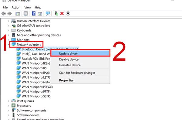 Chọn vào Network adapters -> chọn tiếp Update driver