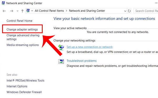 Chọn vào Change adapter settings
