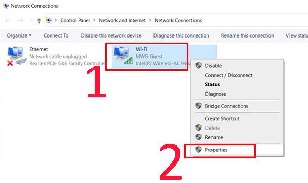 Chọn vào Wi-Fi đang kết nối -> Chọn tiếp vào Properties