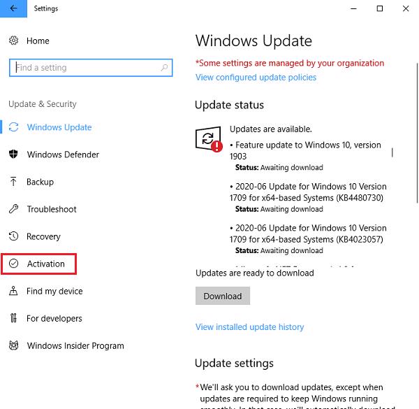Truy cập theo đường dẫn Setting -> Update and Security -> Activation