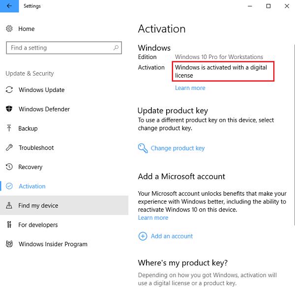 Windows đã được kích hoạt bản quyền sẽ xuất hiện thông báo là Windows is activated with a digital license