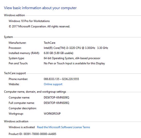 Tại dòng Windows activation các bạn sẽ thấy thông báo Windows đã được kích hoạt